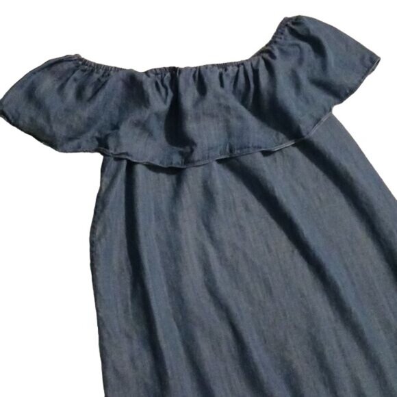 Chelsea & Theodore Denim Off the Shoulder Ruffle Mini Dress Blue Size L - Picture 6 of 12